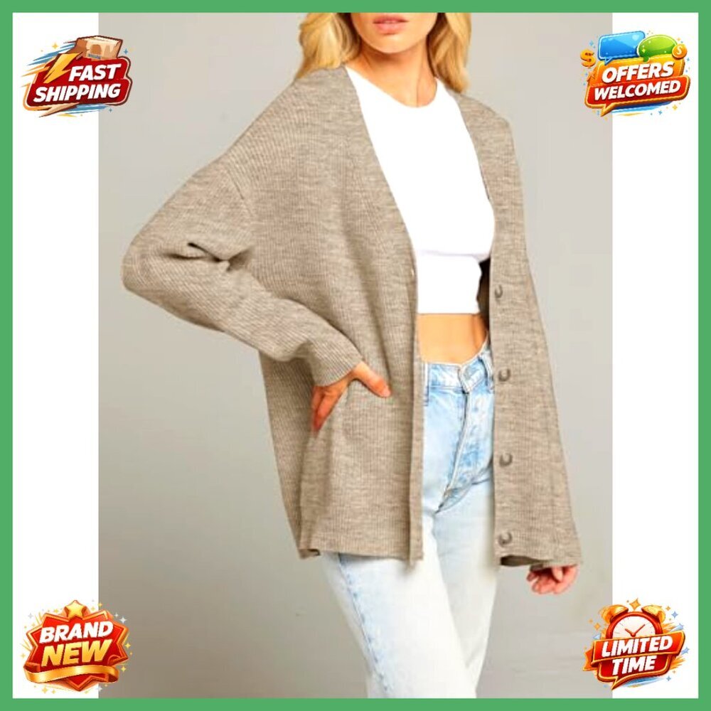 Oversized V Neck Cardigan Open Front Loose Knit Soft Fall Sweater Chic - Picture 2 of 7